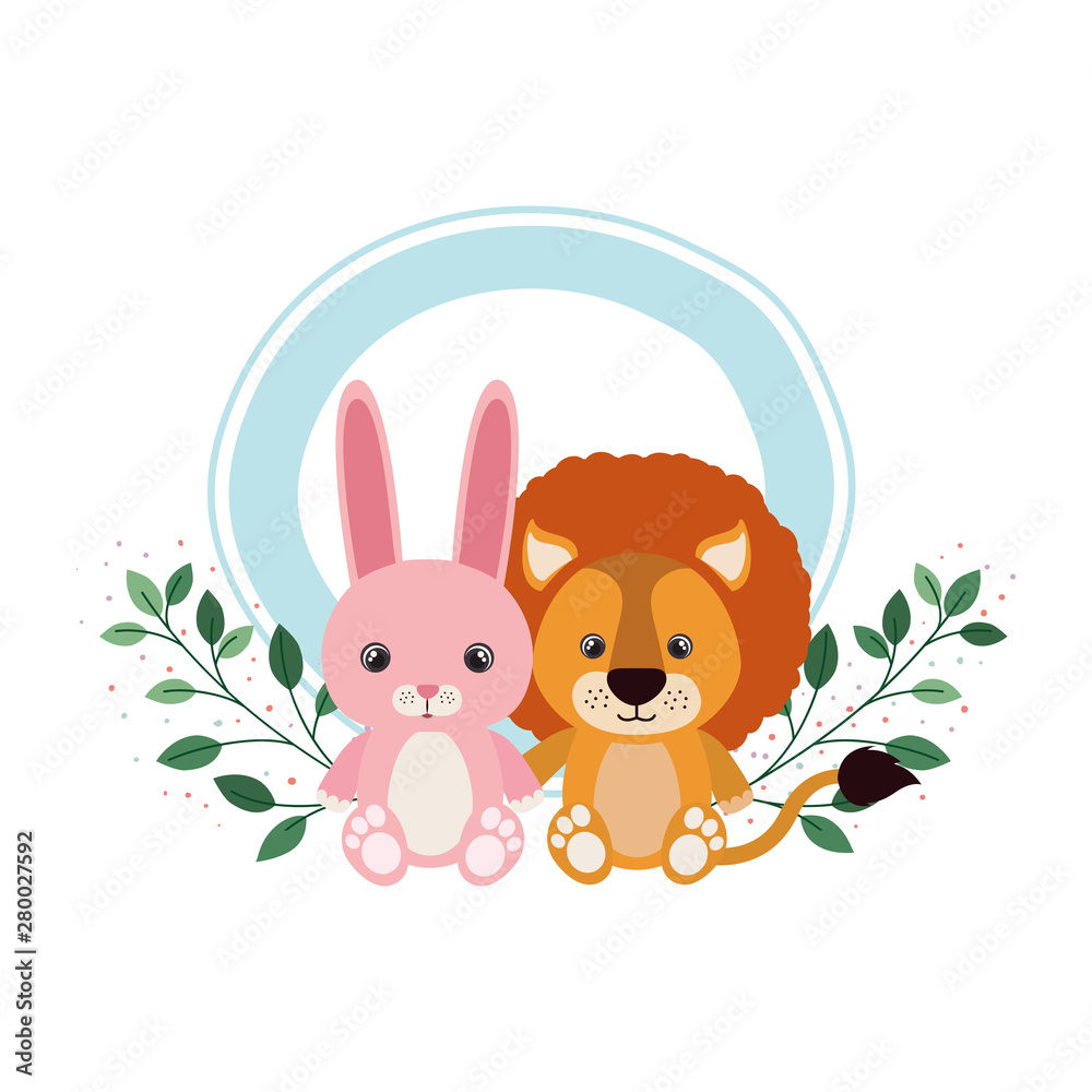 Fototapeta premium cute animals for baby card with branch and leaves of background