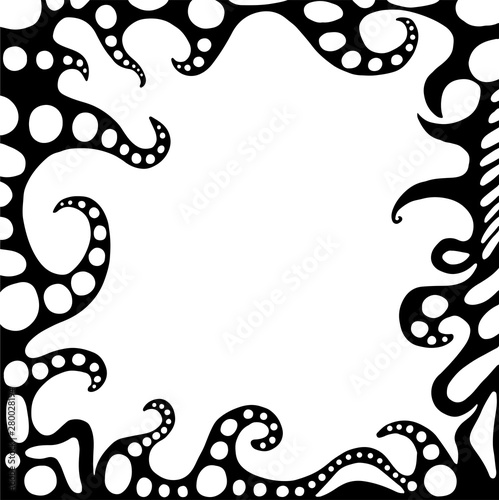 Doodle cartoon frame in form monster tentacles, with suction cups, isolated on white background. Vector hand drawing fantasy background, with place for text.