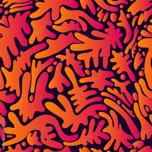 Colorful psychedelic seamless pattern pattern, with abstract many different shape spots, gradient bright orange pink colors, isolated dark background. Doodle style design.