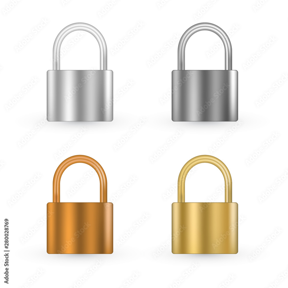 Padlock vector set isolated on white. Silver, golden, bronze and black metallic glows. Symbol of protection, privacy, safety, restricted access illustration. Security, defense block accessory. Padlock vector set isolated on white. Silver, golden, bronze and black metallic glows. Symbol of protection, privacy, safety, restricted access illustration. Security, defense block accessory.