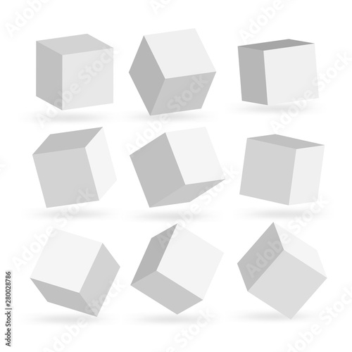 Vector set of white cubes. 3d square boxes under different angles. Paper style rotated containers for icons, logos. Three dimensional floating monochrome design elements isolated on white.