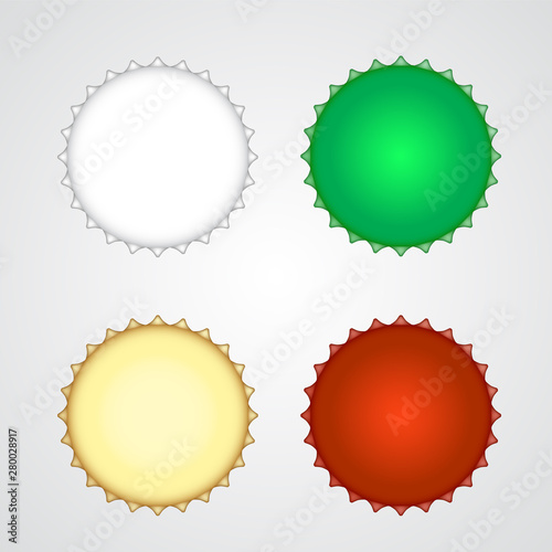 Bottle cap vector set. Metallic lids for soda, beer, glass containers for beverages isolated on white. Close-up top view realistic multicolor lids with copy cpace for branding, creative logo design.