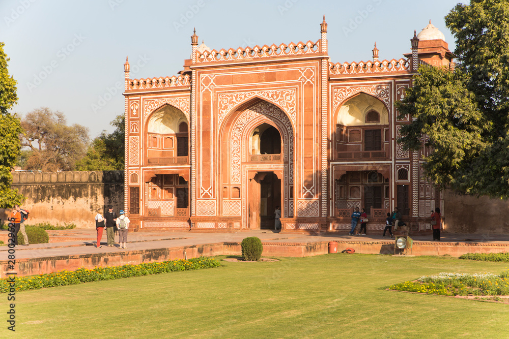Fototapeta premium Agra, India around the backside of the Taj Mahal. The river side in the sunset