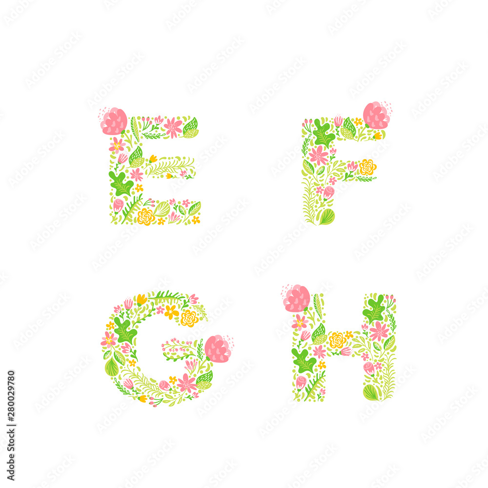 Vector Hand Drawn floral uppercase letter monograms or logo. Uppercase Letters E, F, G, H with Flowers and Branches Blossom. Floral Design