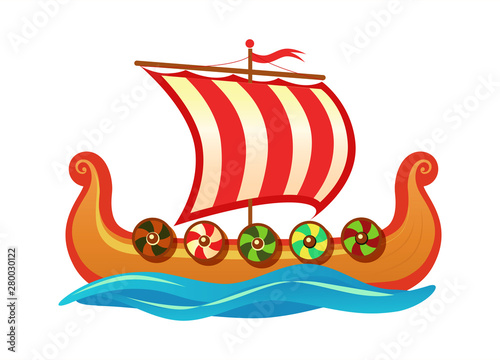 Drakkar - Scandinavian longship of Vikings. Vector colorful Cartoon icon illustration for Travel tour agency and decoration of history event.
