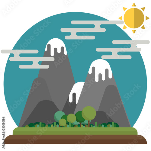 Cartoon mountains with round tops. Pretty landscape with sun, clouds, trees and valley. Flat style. Simple shapes. Travel, nature, active lifestyle