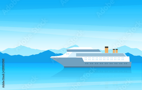 View of a beautiful large white Cruise Ship on travel - Concept for travel agency. Vector illustration of a Steamboat Tour in the ocean on a sunny day.
