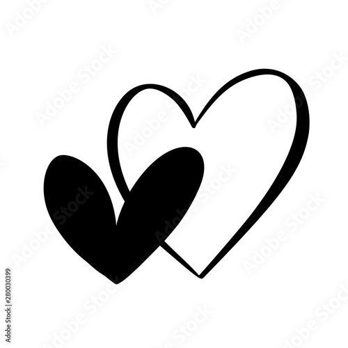 Heart two black sign. Icon on white background. Vector illustration romantic symbol linked, join, love, passion and wedding. Template for t shirt, card, poster. Design flat element of valentine day