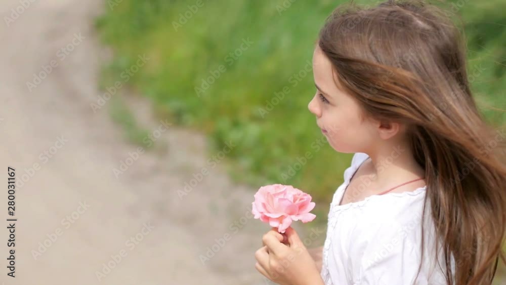 beautiful little girl holding a rose in her hands, dreams, the wind sways her hair beautiful little girl holding a rose in her hands, dreams, the wind sways her hair