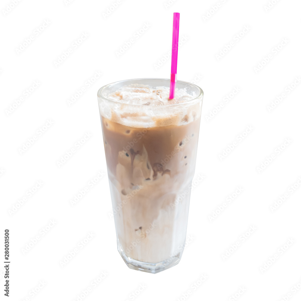 Cocoa milk ice cold in the glass isolated white background Cocoa milk ice cold in the glass isolated white background