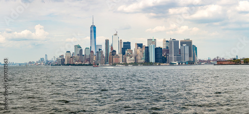 Panoramic view to Manhattan skyline from Staten Island ferry