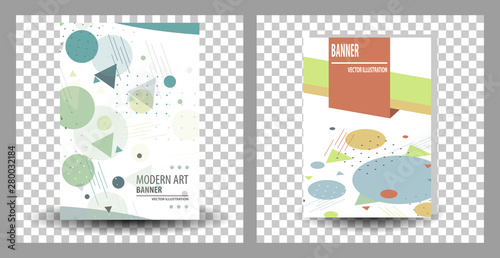 Set of Unique artistic summer card with bright gradient background,shapes and geometric elements in memphis style.