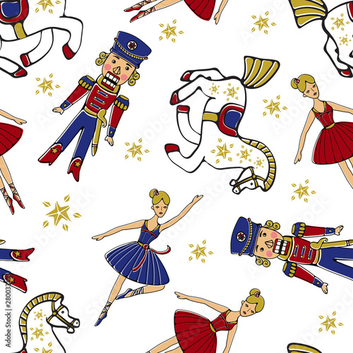 Christmas pattern with ballet dancers and nutcrackers. Elegant seamless backg...