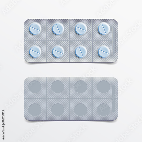 Pack of pills in blister. Front and rear view