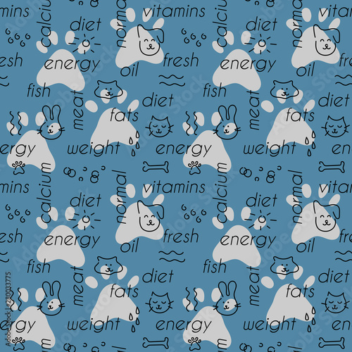 Seamless Doodle pattern. Pet food, complete diet for dogs, cats, hamsters, rabbits . For pet stores, fabric, wrapping paper, booklet covers.