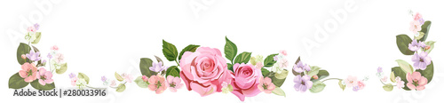 Panoramic view: bouquet of roses, spring blossom. Horizontal border: red, mauve, pink flowers, buds, green leaves on white background. Digital draw illustration in watercolor style, vintage, vector
