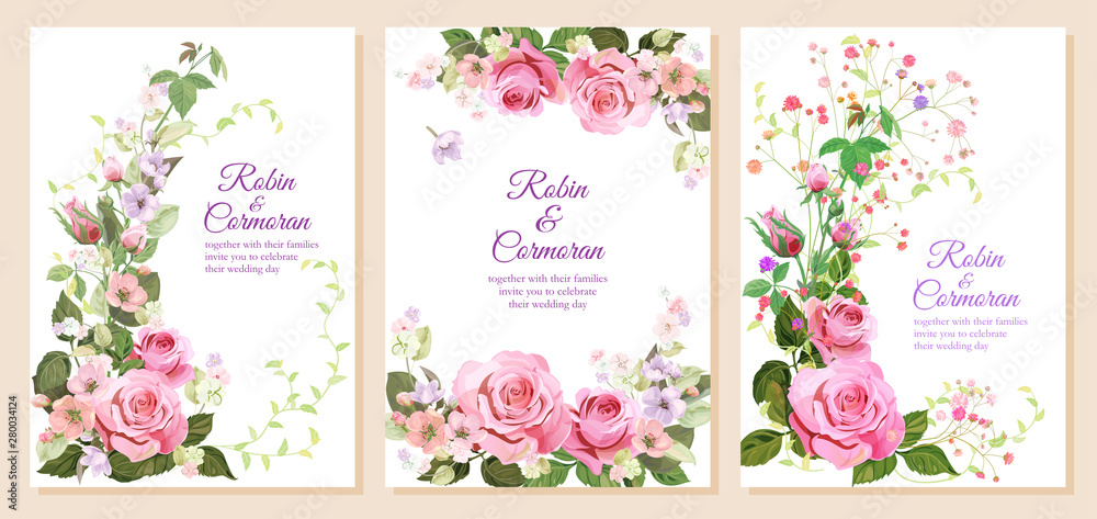 Set of wedding invites with bouquet of pink roses, gypsophile flowers, spring blossom buds, leaves. Vertical cards on white background. Botanical illustration in watercolor style, vintage, vector, A4