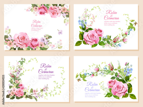 Set of wedding invites: bouquet pink roses, forget-me-nots flowers, buds, leaves, asparagus twigs. Horizontal card, white background. Botanical illustration in watercolor style, vintage, vector, A4