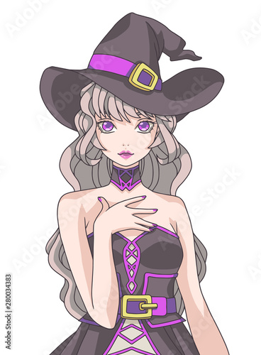 Vector illustration of beautiful Manga cartoon style girl with long hair wearing black and purple witch costume with big hat and dress