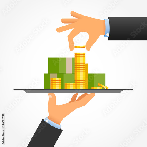 Hand adds coin to money on the tray. Concept of monetary transaction, save and investment of money