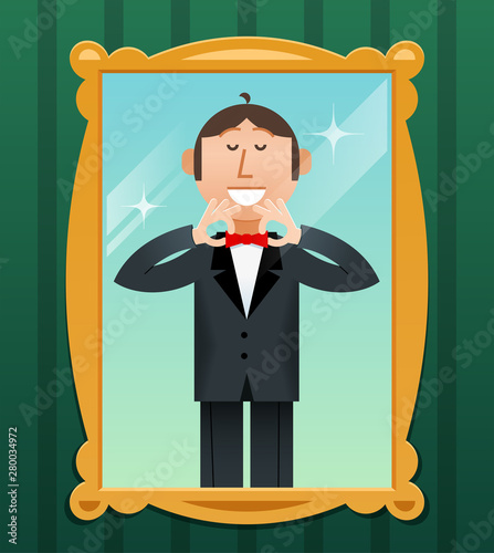Man looks in mirror and straightens his bow tie. Success concept