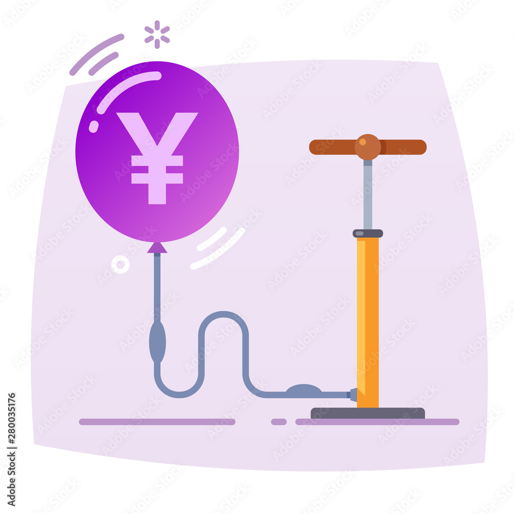 Money bubble. Conceptual illustration. Hand pump inflates balloon with japanese yen sign Money bubble. Conceptual illustration. Hand pump inflates balloon with japanese yen sign