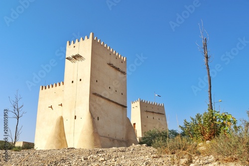 View of Barzan Towers(Umm Salal Mohammed Towers) were constructed in late 19th century and rebuilt in 1910 by Sheikh Mohammed bin Jassim Al Thani in Doha, Qatar  photo