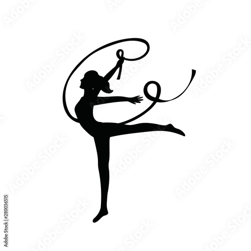 Gymnast woman lithe build with ribbon black silhouette.