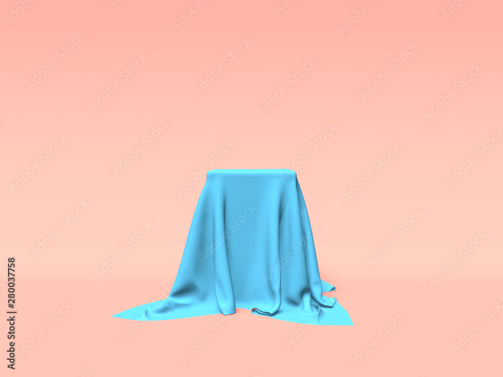 Podium, pedestal or platform covered with blue cloth on pink background. Abstract illustration of simple geometric shapes. 3D rendering. Podium, pedestal or platform covered with blue cloth on pink background. Abstract illustration of simple geometric shapes. 3D rendering.