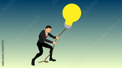 a businessman pulls a giant light bulb using a rope. interesting illustrations of ideas so that they don't escape. get a brilliant idea. vector eps 10