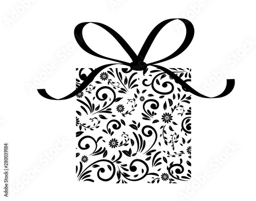 Black and white floral gift decorated with floral elements.