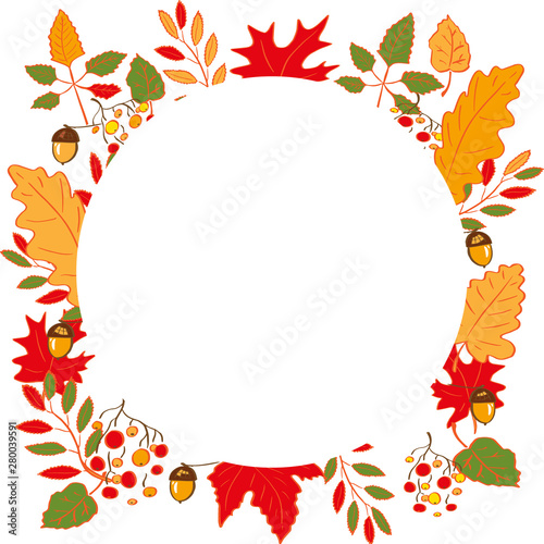 A wreath of autumnal Orange and yellow leaves, rowan berries and acorns. Isolated art on white background. Vector illustration