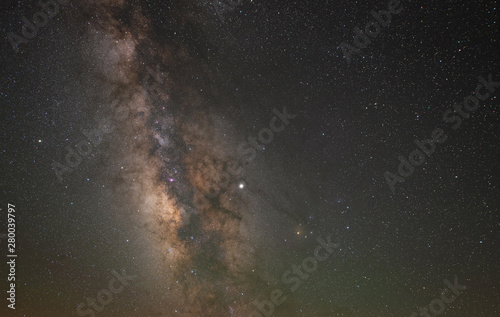 Milky Way Galaxy core and Jupiter on a clear night