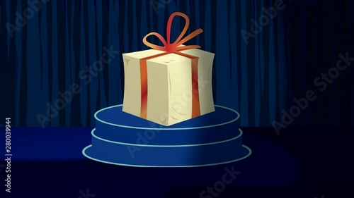 Win a prize..On the pedestal is a prize in the lights.A large box wrapped in gift paper. Animated video.