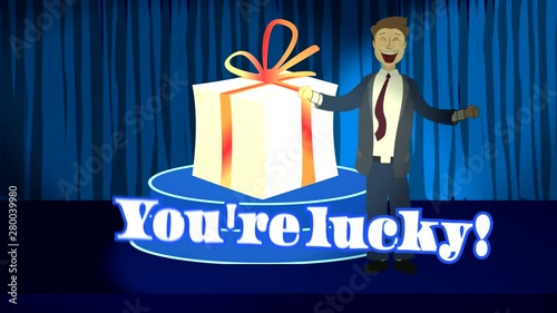 Win a prize.Dancing man standing on stage near the gift.On the pedestal is a prize.See the text of congratulations.Animated video.
