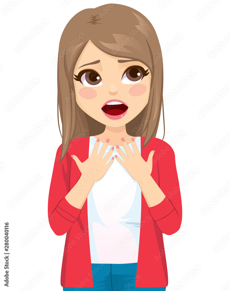 Shocked overwhelmed surprised teenager woman having panic attack looking up with mouth wide open and hands on chest in disbelief Shocked overwhelmed surprised teenager woman having panic attack looking up with mouth wide open and hands on chest in disbelief