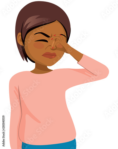 Black woman pinching nose disgusted by bad smell feeling