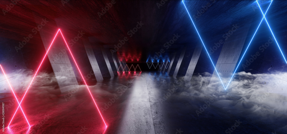 Smoke Neon Futuristic Lights Glowing Triangle Sci Fi Retro Abstract Shaped Lasers Red Blue Vibrant Column Concrete Grunge Reflective Tunnel Alien Ship Star Gate Club Night Dark 3D Rendering