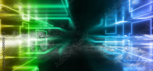 Smoke Neon Futuristic Lights Glowing Triangle Sci Fi Retro Abstract Shaped Lasers Green Blue Vibrant Column Concrete Grunge Reflective Tunnel Alien Ship Star Gate Club Night Dark 3D Rendering
