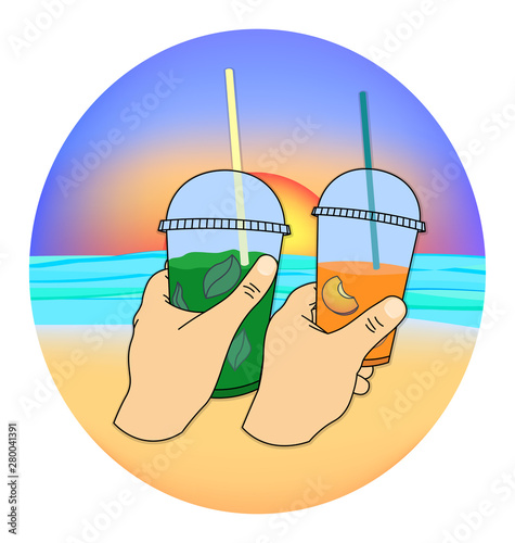 vector hands holding cocktails on beach sunset background