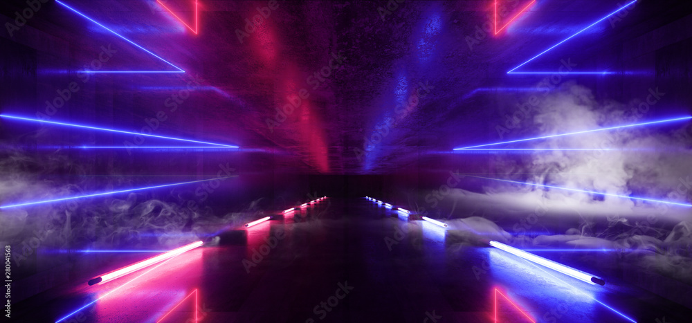 Smoke Neon Futuristic Lights Glowing Triangle Sci Fi Retro Abstract Shaped Lasers Purple Blue Vibrant Column Concrete Grunge Reflective Tunnel Alien Ship Star Gate Club Night Dark 3D Rendering