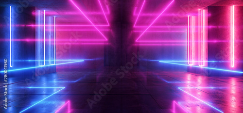 Fototapeta Naklejka Na Ścianę i Meble -  Spaceship Neon Glowing Lights Laser Shapes Beam Purple Blue Vibrant Retro Modern Futuristic Sci Fi Night Club Scene Tunnel Corridor Hall Garage Grunge Concrete Reflective Background 3D Rendering