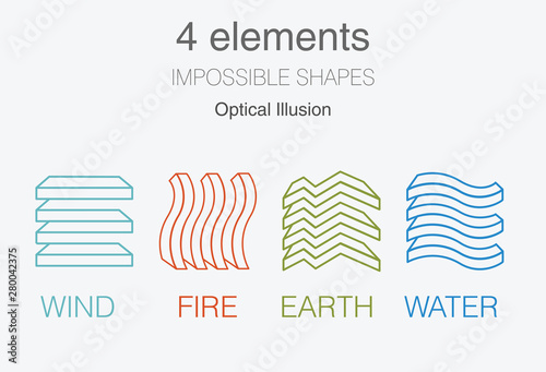 Nature infographic elements on light background. Impossible shapes and optical illusion. Line symbols with air, fire, earth, water. Alternative energy sources and eco logo