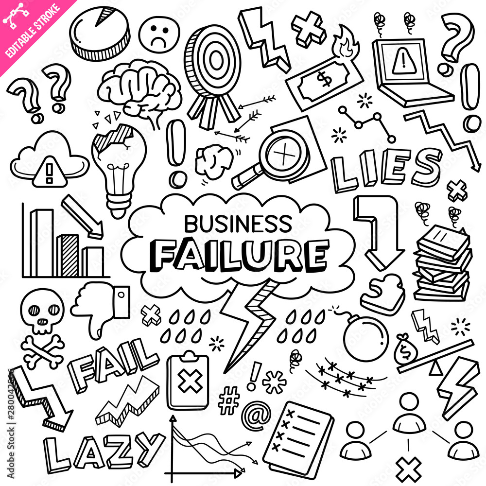 Business failure related objects and elements collection. Hand drawn doodle illustration isolated on white background. Vector doodle illustration with editable stroke/outline.