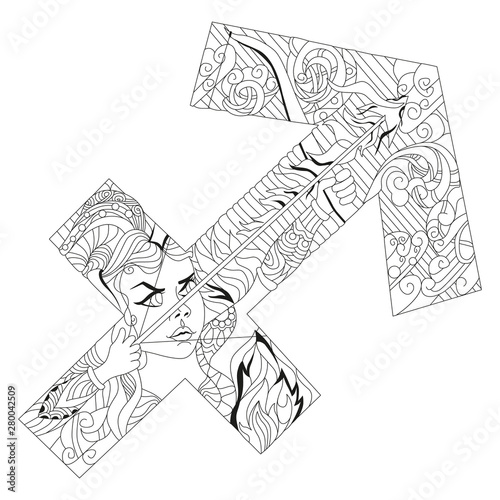 Sagittarius zodiac sign cute cartoon character retro zentangle stylized in vector for coloring