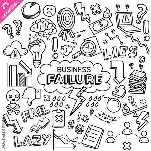 Business failure related objects and elements collection. Hand drawn doodle illustration isolated on white background. Vector doodle illustration with editable stroke/outline.