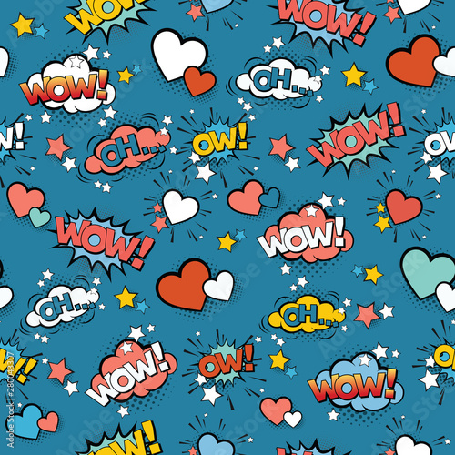 Seamless vintage  pattern for gift wrap and fabric design with pop art signs and comic cartoon bubbles