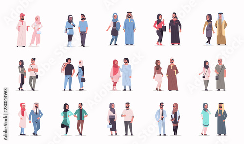 set different arabic business couple standing together arab man woman wearing traditional clothes arabian cartoon characters collection full length flat white background horizontal