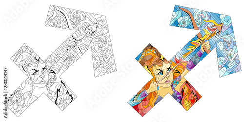 Sagittarius zodiac sign cute cartoon character retro zentangle stylized in vector for coloring