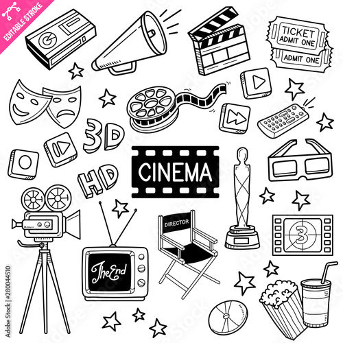 Cinema Editable Stroke Doodle Vector Illustration.